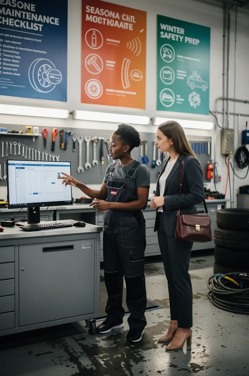 Fachmann bereitet Auto für die Hauptuntersuchung vor, prüft technische Komponenten und Dokumente.